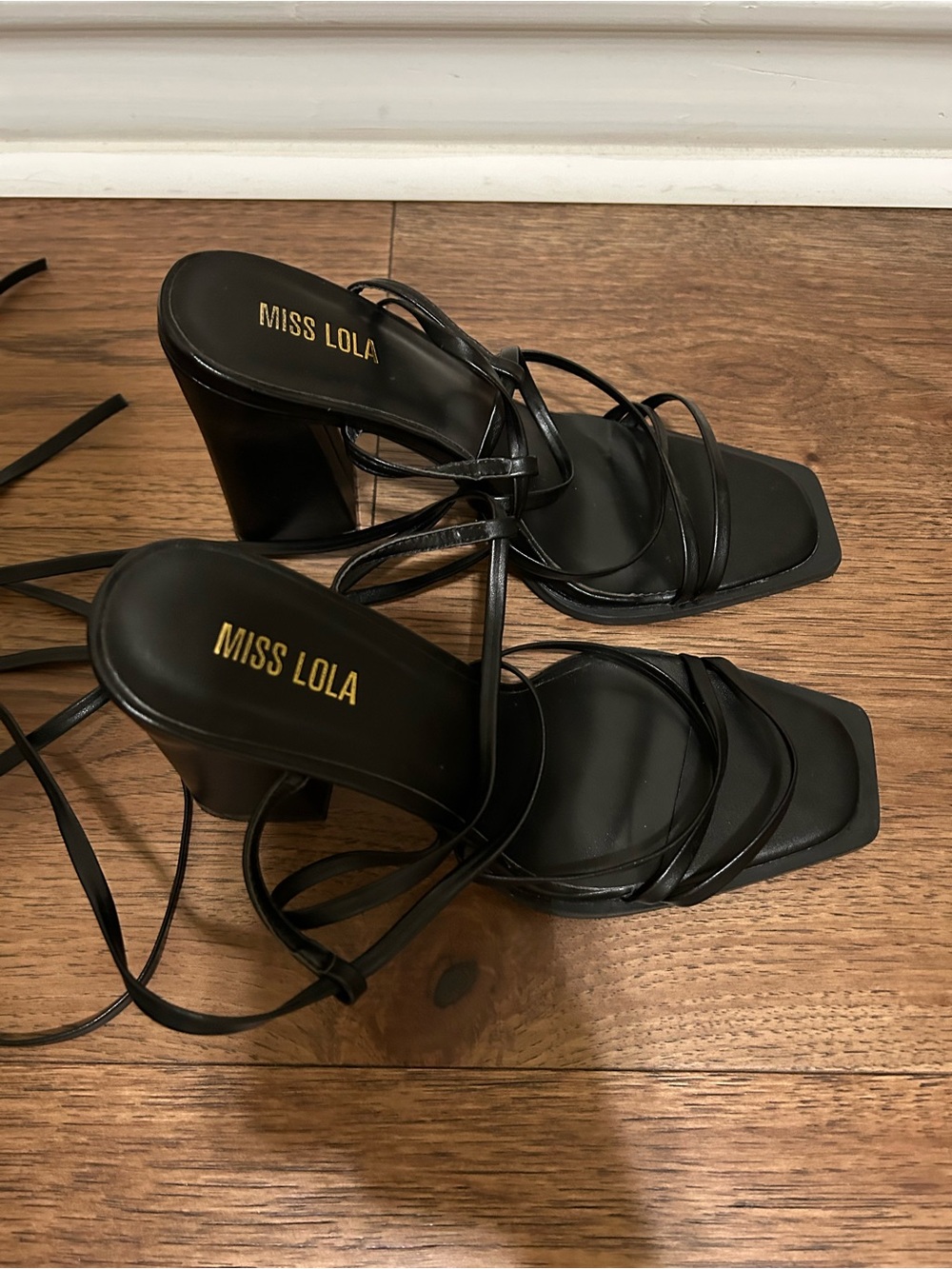 Miss Lola Black Strappy Wrap Block Heels